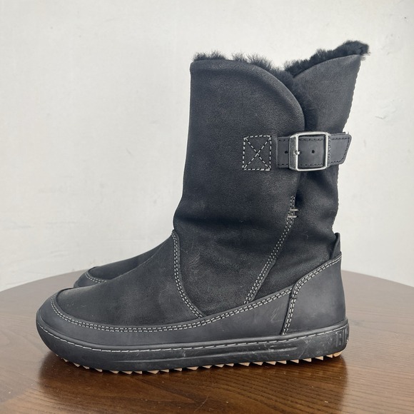 Birkenstock Shoes - Birkenstock Woodbury Boots Women's 37/ 6 Black Suede Shearling Lined Buckle Warm